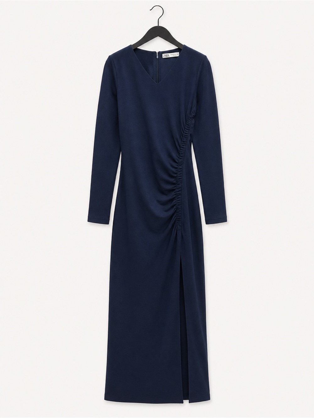 Zara Navy Long-Sleeve Ruched V-Neck Midi Dress, Size L